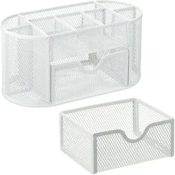 Relaxdays Stiftehalter, mit Schublade, Schreibtisch Organizer für Stifte, Metall Mesh, HBT ca. 10,5 x 22 x 11 cm, weiß
