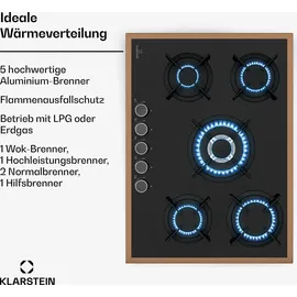 Klarstein Gaskochfeld, 5-Brenner Kupferrahmen, 10,4 kW, Elektrische Zündung, FFD-Sicherheit, Glasoberfläche, Gusseiserne Topfträger, L... - Braun