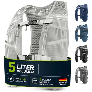 SASMO® Laufweste Damen & Herren 5L | Running Vest - Ultraleicht 270g & atmungsaktiv| Laufrucksack Damen - 8 Taschen | Laufweste Herren | Trinkweste Laufen (weißgrau, 5L)
