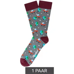 1 Paar Moustard Alien Herren Baumwoll-Socken mit Alien und Ufo Allover-Print gemusterte lange Strümpfe 17S-ALIEN Dunkelrot/Grau - 41-46