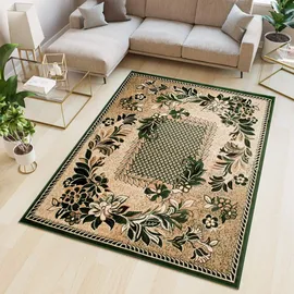 Tapiso Atlas Teppich Kurzflor Blumen Floral Bordüre Grün Beige Schlafzimmer Wohnzimmer Vintage Modern ÖKOTEX 200 x 300 cm