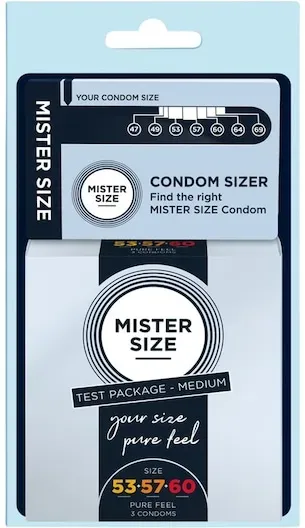 Mister Size Lust & Liebe Kondom Sets Size-Kit Medium mit Condom Sizer 1x Condom Sizer + 1x Kondom 53 mm + 1x Kondom 57 mm + 1x Kondom 60 mm