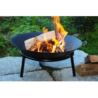 Oelbaum Grill Feuerschale aus Gusseisen mit 2 Griffen + Standring, LEICHT+STABIL, groß 60 cm, mit Reinigerbürste Feuerstelle Feuerkorb Terrassenofen Grill