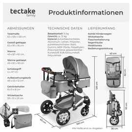 Tectake tectake® Kombi-Kinderwagen, Grau, Kunststoff, 63x120x100 cm,