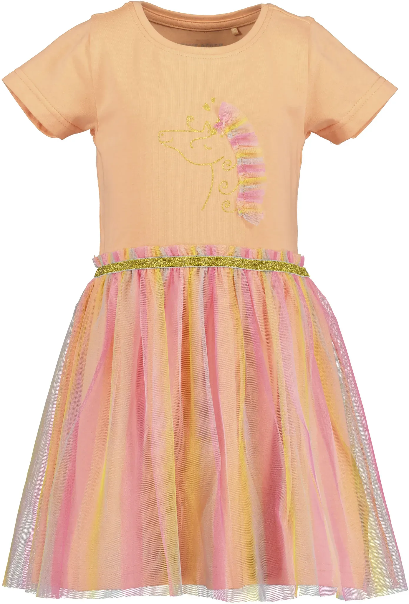 Jerseykleid BLUE SEVEN, Mädchen, Gr. 104, N-Gr, orange (melone), Jersey, Obermaterial: 95% Baumwolle, 5% Elasthan, kontrastfarbene Details, unifarben, regular fit knielang, Rundhals, abgesteppte Kante, Kleider Jerseykleid, mit aufgesetztem Tüllrock und tollem Frontmotiv