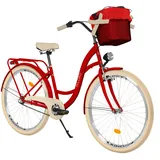 MILORD Damenfahrrad Citybike Komfort Mit Metallkorb Hollandrad Vintage Fahrrad, 26, 28 Zoll, 3-Gang (Rot, 28 Zoll)