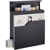 Relaxdays Briefkasten mit Zeitungsfach, modern, abschließbar, Postbox HxBxT: 37 x 37 x 11 cm, Stahl, schwarz/silber