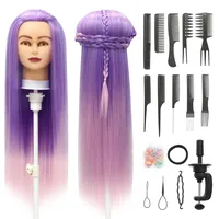 Trainingsköpfe, 28 inch Frisierkopf 100% Synthetikfaser-Haar Übungskopf, Frisurenkopf Ausbildung Kopf Mit Halter + DIY Haar Styling Braid Set (Lila rosa)