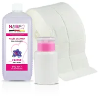 NAILS FACTORY | N&BF Nagel Cleaner Set mit Duft 500ml + Dispenser Pumpflasche Rosa 150ml + 1000 Zelletten Cellulose Pads (2 Rollen à 500 Stück) - 70% Isopropanol-Alkohol – für Gelnägel – (Flora)