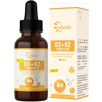 Vihado Vitamin D3 K2 Tropfen hochdosiert, max bioverfügbar, sicherer Markenrohstoff K2VITAL®, Vitamin D für Immunsystem + Knochen, vegetarisch, 50 ml (1700 Tropfen)