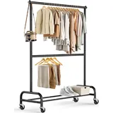 MISSLO Schwerlast Kleiderständer auf Rollen Kleiderstange Doppelt Metall für Hängende Fahrbarer Klamotten Ständer Closet Garderobe Rack, Einstellbar, Schwarz