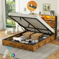 Merax 140*200cm Flachbett, farbwechselnde LED-Umgebungsbeleuchtung, 24-Tasten-Fernbedienung, großer Stauraum im Bettkasten, braun