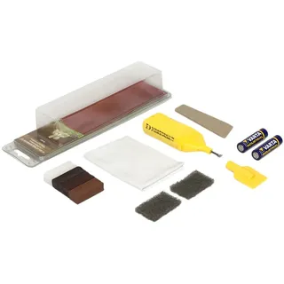 Picobello Reparatur-Set (Mini) | Lackierte Holzoberflächen | Farbset Dunkel mit 4 Hartwachs-Stangen | Für Laminat, Parkett, Möbel & Treppen | Inkl. Batterie-Schmelzer & Zubehör | Made in Germany