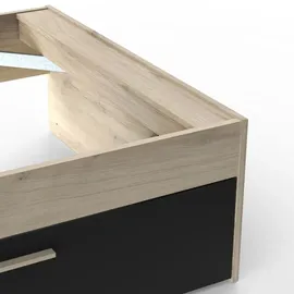 Demeyere Lit 90x190/200 Avec Rangement 1 Porte 3 Niches 1 tiroir – Noir Mat und Chêne Clair -124,5 x 226,9 x 90,5 cm, Eichenbürste/Mattschwarz, Eichenbürste/Mattschwarz