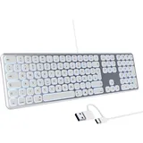 TECURS Mac Tastatur Kabelgebunden Leise PC Tastatur Beleuchtet, QWERTZ Deutsch MacBook Tastatur mit Multimedia, USBA/USB-C-Adapter, Kompatibel mit Mac OS/iOS, iMac/MacBook Pro/Air, Silber & Weiß