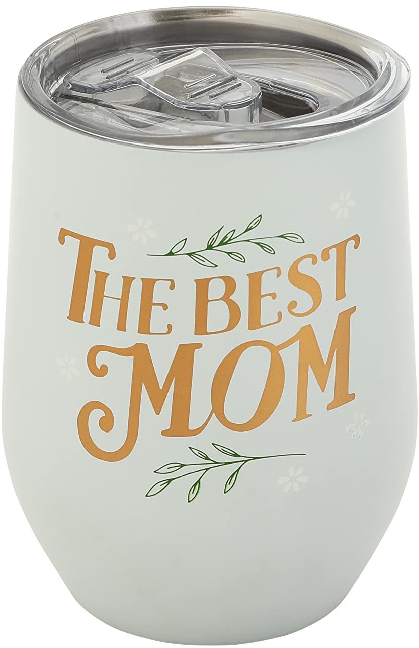 Pearhead The Best Mom Stainless Steel Wine Tumbler with Press-In and Slide Locking Lid, Cute Motherhood Stemless Wine Glass Tumbler Mug, New Mom Accessory, 12oz