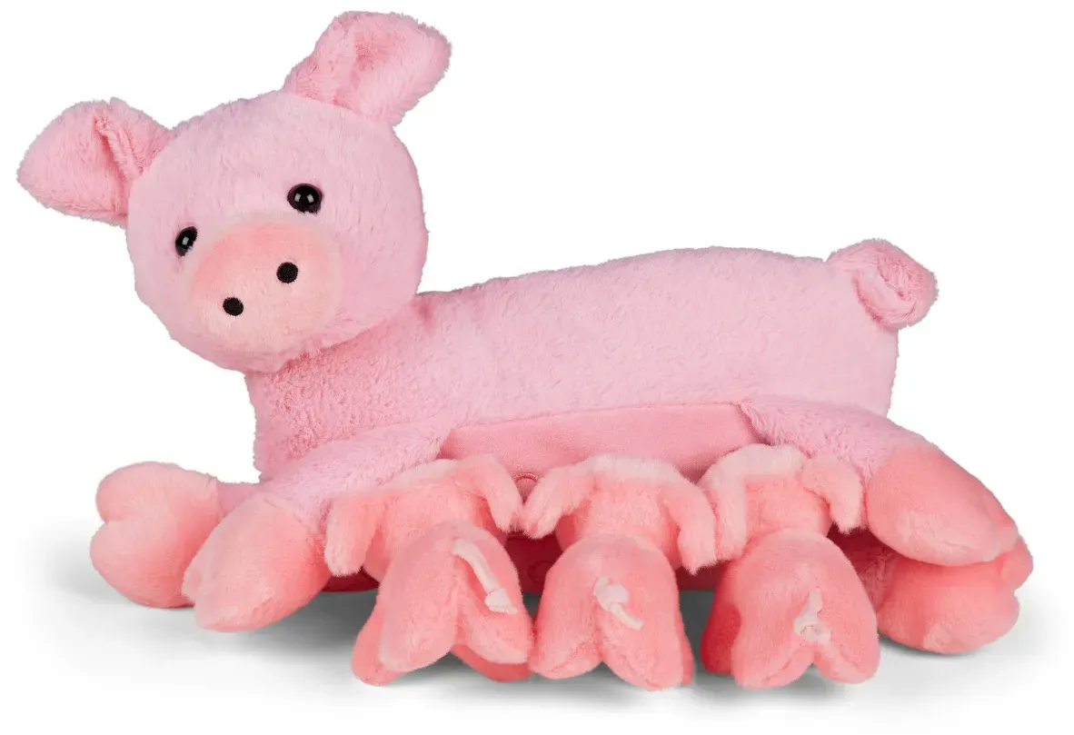Kuscheltier Schweinemama mit 3 Ferkeln - 33 x 14,5 x 20 cm, Plüsch, Grau - Mamanimals - Magnetisch, Reißverschluss-Bauch
