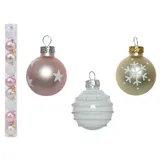 Decoris Weihnachtskugeln Glas 3cm Christbaumkugeln mit Motiven Sterne Schneeflocken rosa Mix