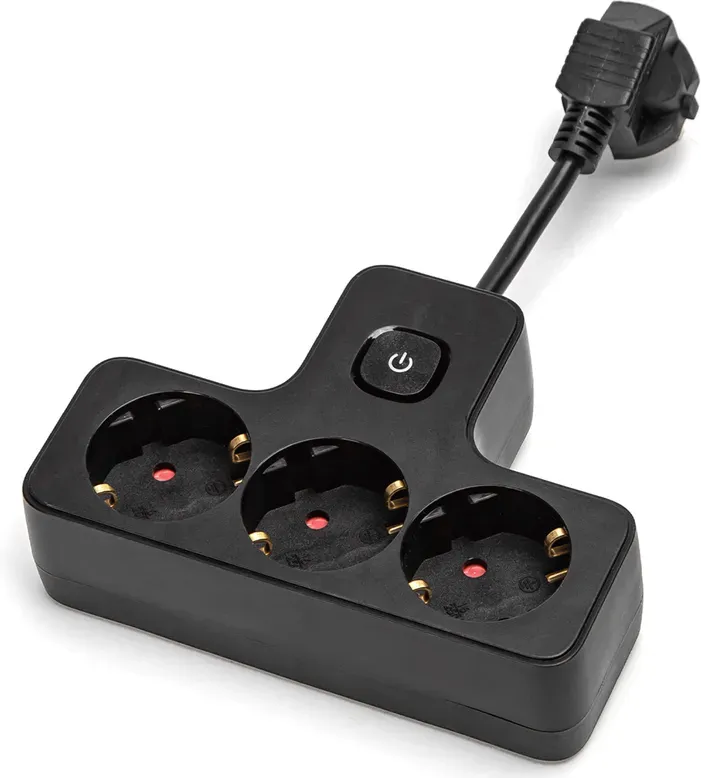 Aigostar Steckdosenleiste mit Kabel/Deutsch 3-fach/3G1.0mm2/5cm/Kurzes Kabel/Mit quadratischem Schalter/T-Form/Schwarz/PP