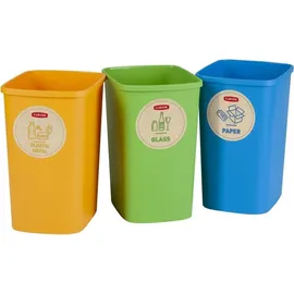 Curver Eco Friendly Mülltrennungssystem Mülleimer Mülltrennung Papier Glas und Kunststoff Recycling-Eimer aus Kunstoff (3x9L) - Bunt