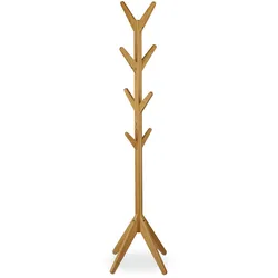 Relaxdays Garderobenständer Bambus, Jackenständer mit 8 Haken, HBT 181,5 x 53 x 53 cm, Standgarderobe in Baumform, natur