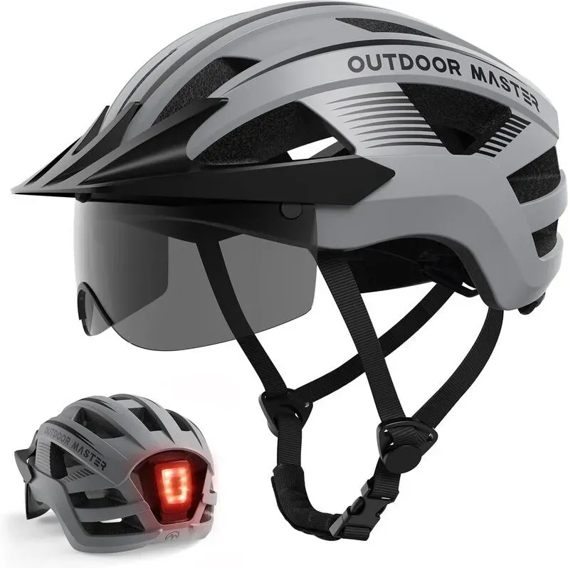 OutdoorMaster Fahrradhelm RhinoUrban mit Brille & Licht Grau M 54-58cm