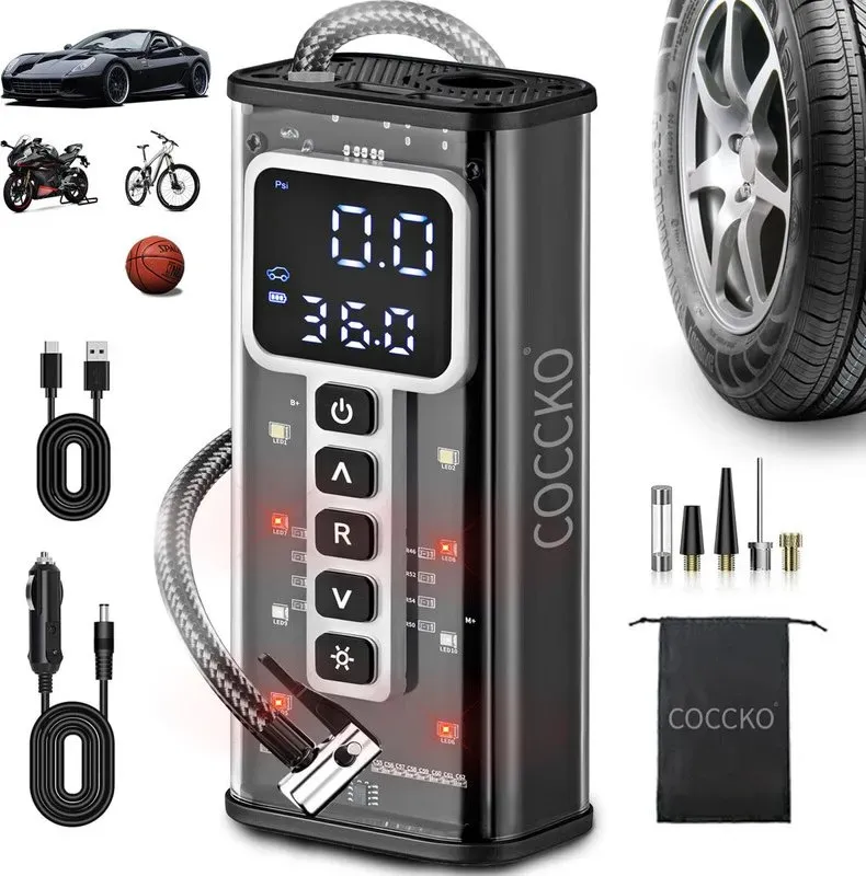 COCCKO Kabelloser Car-Tire-Inflator mit 150-PSI, tragbarer Luftkompressor für Reifen, LED-Beleuchtung und automatischem Abschaltung, geeignet für Elektrofahrrad, Auto, Motorrad, Fahrrad und Ballonpumpe