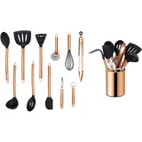 Echtwerk Küchenuntensilien, 12-teiliges Küchenhelfer-Set, Küchenzubehör, Kochbesteck mit Edelstahlgriff, Kochset mit Utensilienhalter, Antihaft Silikon Haushaltshelfer, Kupfer-Edition, EW-KS-1201K
