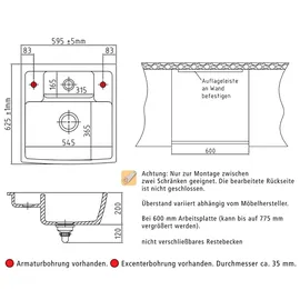 Systemceram KeraDomo CENTRA 60 Grönland rechts Einbauspüle Excenterbetätigung 595 x 625 mm
