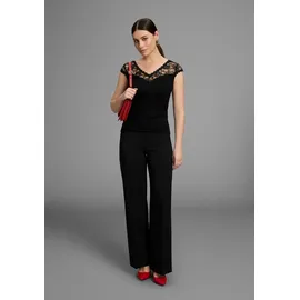 MELROSE Spitzenshirt MELROSE, Damen, Gr. 42, schwarz, Jersey, Obermaterial: 95% Viskose, 5% Elasthan. Spitze: 100% Polyester, unifarben, tailliert hüftbedeckend, V-Ausschnitt, Shirts, taillierter Schnitt, elastisches Material, mit Spitzenband