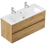 Lomadox Badezimmer Doppelwaschtisch 120 cm in Eiche, Mineralguss-Waschbecken, 2 Schubladen, wandhängend