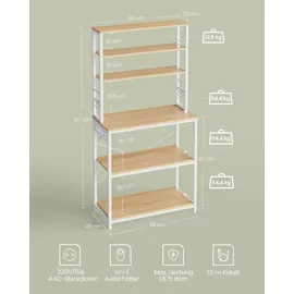 VASAGLE Küchenregal mit Steckdosen goldeichenfarben-wolkenweiß