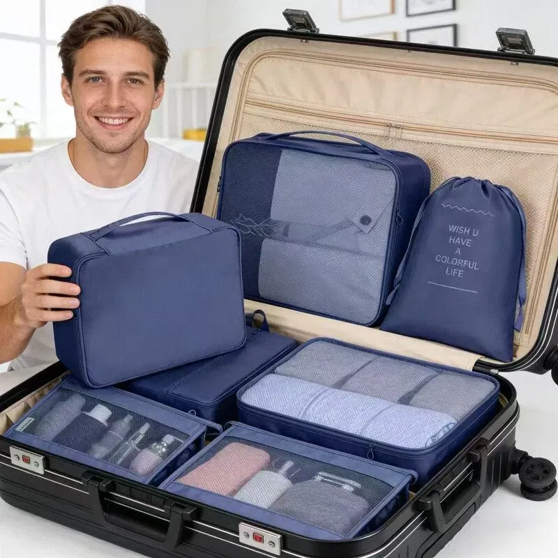 VoxorAI Reise-Set in Marineblau: 8-teilig, bestehend aus Reisetasche, Kosmetiktasche, Kleidersack und Kulturbeutel.