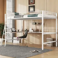 Hochbett, Metallbett mit Bettrahmen 90 x 200 cm, Eisenbett, Hochbett mit L-förmigem Schreibtisch und Regal für Kinder, Jugendliche und Erwachsene,