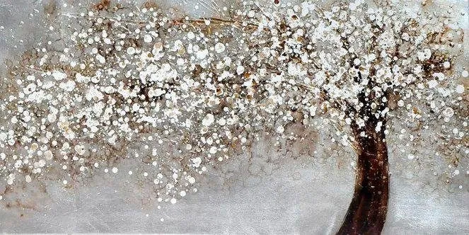 Ölbild HOME AFFAIRE "Albero" Bilder Gr. B/H/T: 80 cm x 40 cm x 3,5 cm, Querformat, weiß (weiß, silber) Ölbilder handbemalt