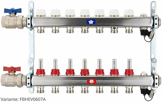 Fußbodenheizungsverteiler aus Edelstahl mit Topmeter für 7 Heizkreise - mit Anschlussset waagrecht