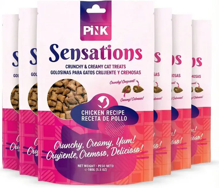 PINK Knusprige Katzensnacks (Crispy Crunch) 6 × 100 g– Hähnchen-Geschmack, gefüllter Katzensnack / Katzen Leckerli mit knuspriger Hülle & cremiger Fleischfüllung | 24,72 % Protein – Vertrauenswürdige kanadische Marke