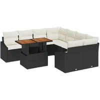 VidaXL 9-teiliges Garten Essgruppe mit Kissen Schwarz Poly Rattan