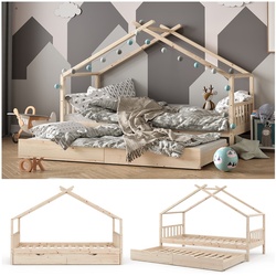 VITALISPA Kinderbett DESIGN Hausbett Gästebett Lattenrost Natur 90x200 Schublade