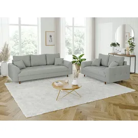 s-style möbel Odin - Polstergarnitur 3+2 Mit Braun Holzfüßen Im Skandinavischen Stil Aus Hellgrau Cord-stoff