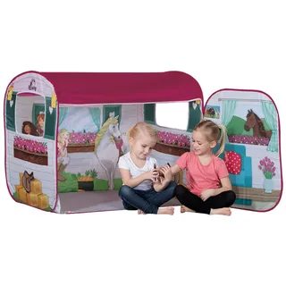 John 77012 Spielzelt Horse Club mit original Schleich Figur-Pferdestall, Caravan, Pferdezelt, Kinderzelt, Spielhaus mit gedrucktem Motiv für Kinder, Bunt Bedruckt