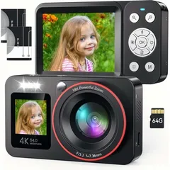 Digitalkamera 4K, FHD 64MP Fotokamera mit Dual Bildschirme, 18X Autofokus Fotoapparat kompakte Digitalkamera, mit 64G SD Karte für Kinder & Erwach... - Schwarz