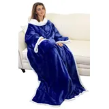 Catalonia Classy Flauschig Kuscheldecke mit Ärmeln Warm Weihnachten Geschenk für Frauen Herren, Flauschige Sherpa Tragbare Decke mit Ärmeln, Wohndecke zum Anziehen Erwachsene, 185 x 140 cm Blau