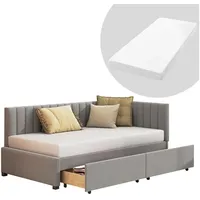 HAUSS SPOLE Schlafsofa 90x200 mit 2 Stauraumschubladen und Lattenrost Samt Grau mit Matratze grau