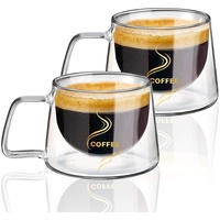 KAMEUN Doppelwandige Kaffeegläser, Kaffeegläser mit henkel 2x 200ml, Latte Macchiato Gläser Set, Cappuccino Tassen, Espressotassen, Thermogläser , Gläser