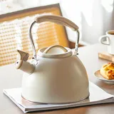 Tuzsocr Teekessel aus Edelstahl mit Holzgriff, Pfeifkessel Induktion 3 l, Retro Teekanne, Wasserkocher für Elektroherde, Gasherde und Keramik (Beige)