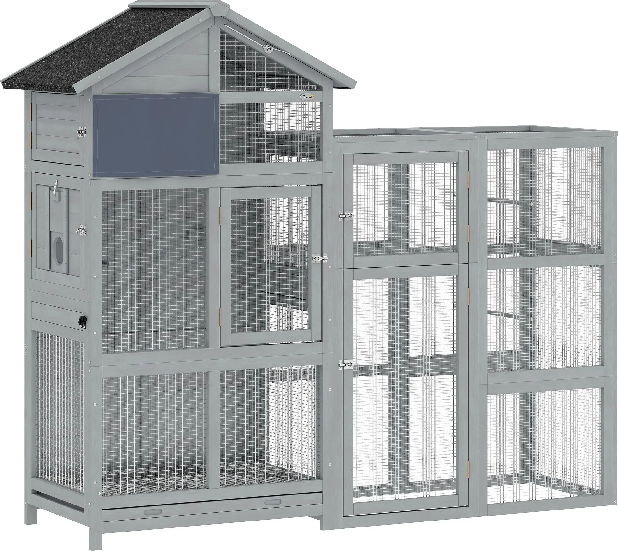 PawHut Voliere Vogelvoliere aus Holz mit Erweiterung 6 Sitzstangen 7 Türen Ablagefach Vogelkäfig mit herausziehbarer Schublade Edelstahlnäpfen Vogelhaus für Finken Wellensittiche Grau 196x60x164,5cm   Aosom