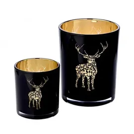 Edzard 2er Set Teelichtglas Fancy, Höhe 8 cm, Durchmesser 7,5 cm, außen schwarz, innen Gold, Teelichthalter, Windlicht mit Hirsch-Motiv