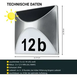 Melitec Solar-Hausnummer SH04, moderne LED-beleuchtete Hausnummer für außen, wasserdicht, aus Edelstahl, kabellose Solar-Hausnummernleuchte | Silber