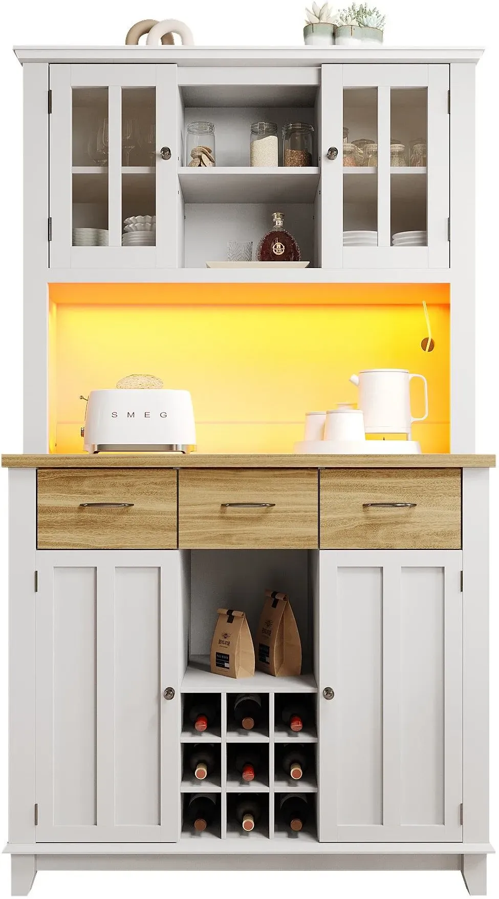 Buffetschrank, LED Vitrine Küchenschrank Hochschrank mit Weinregal 106x40x1795 cm, Viel Stauraum, Sicher und stabil, Naturfarbe Weiß   Aosom.de